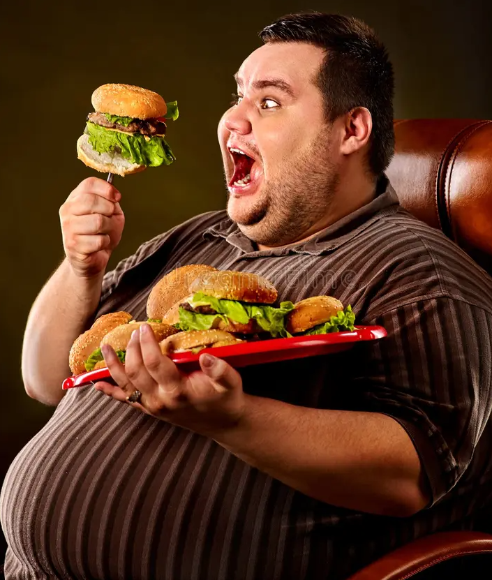 Fat man eating a burger